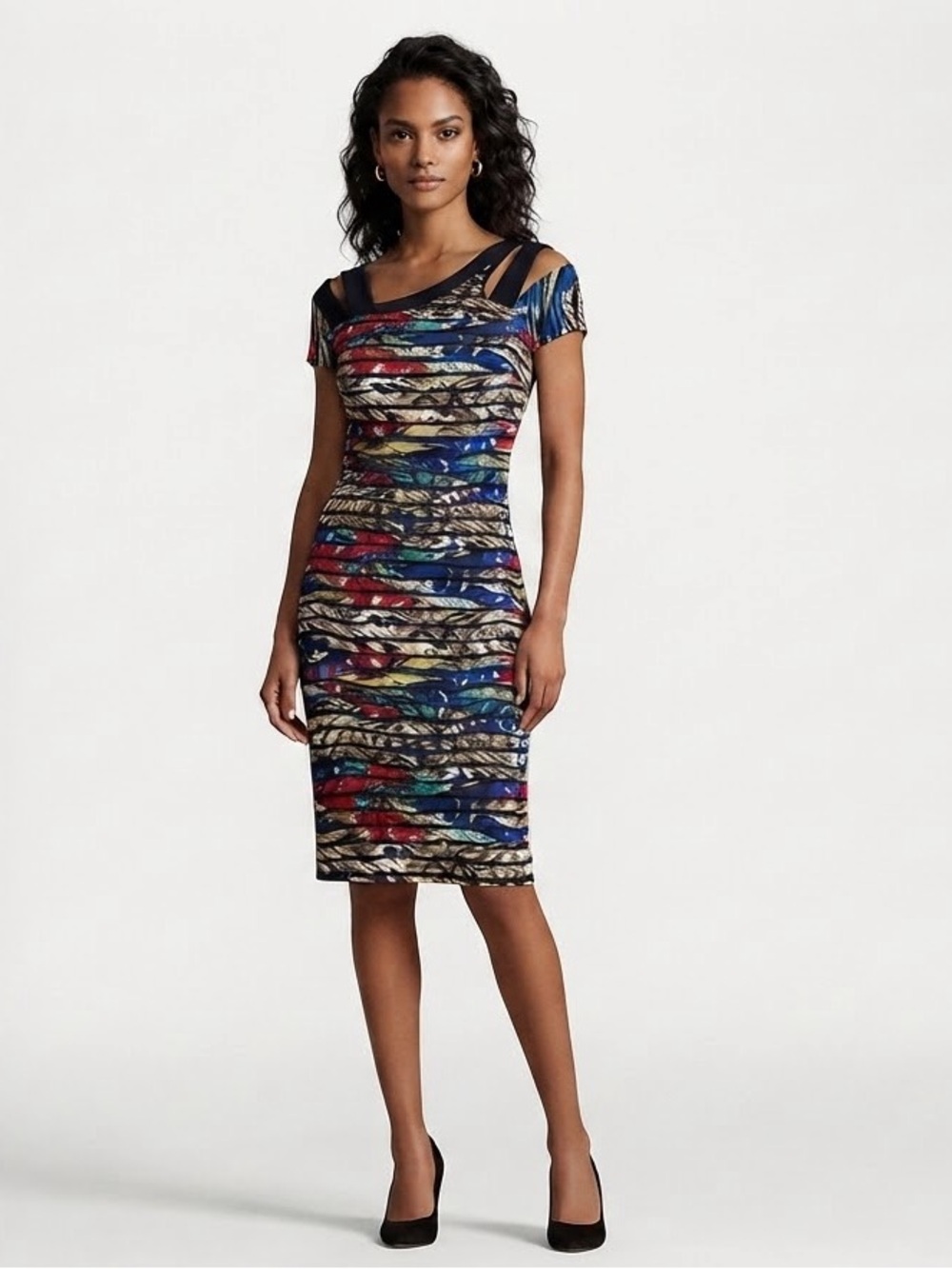 Joseph Ribkoff Multicolored Striped Bodycon Dress Size 8 Strappy Cutout Neckline